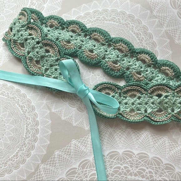 Accessories - mint shimmery lace headband (hand crocheted by me)